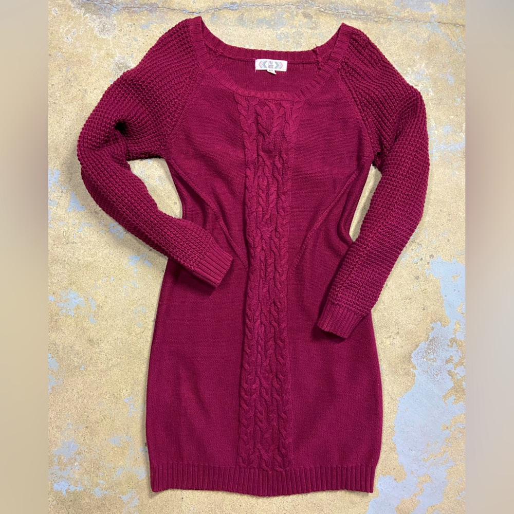 Pink Rose Burgundy Sweater Dress – Long Sleeve Cozy Knit Dress | Size M